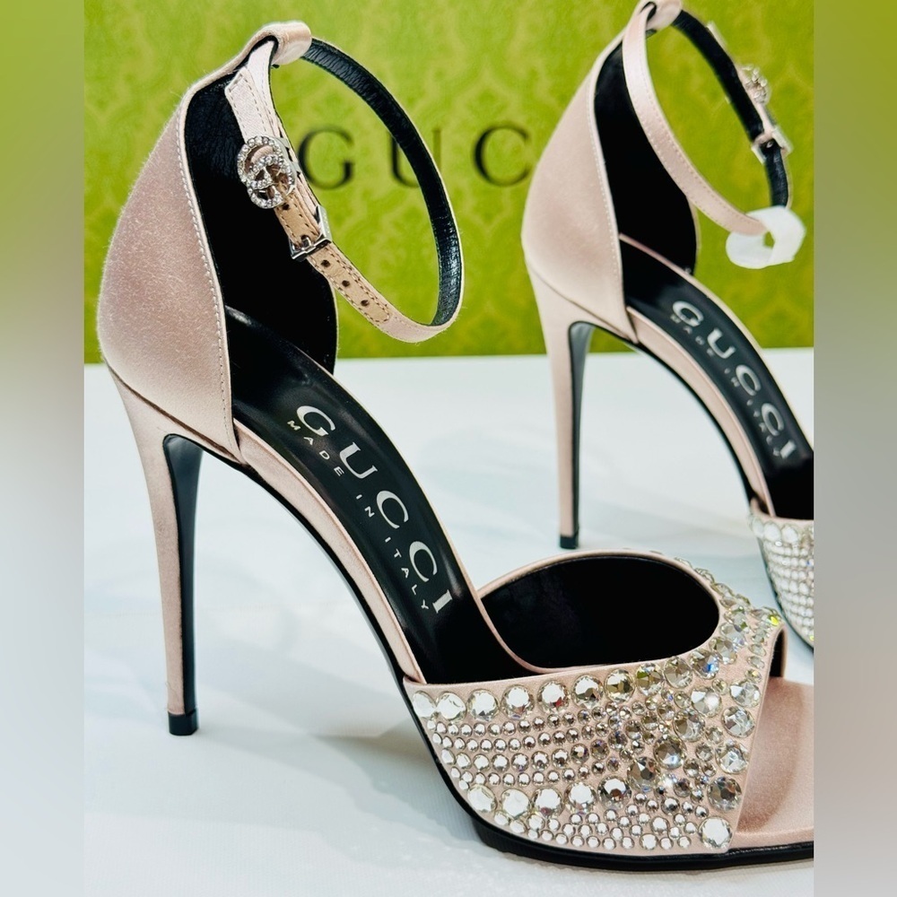 Gucci GG Crystal Embellished Rhinestones Heels Pink Satin Sandals Size 37.5 - Picture 10 of 16